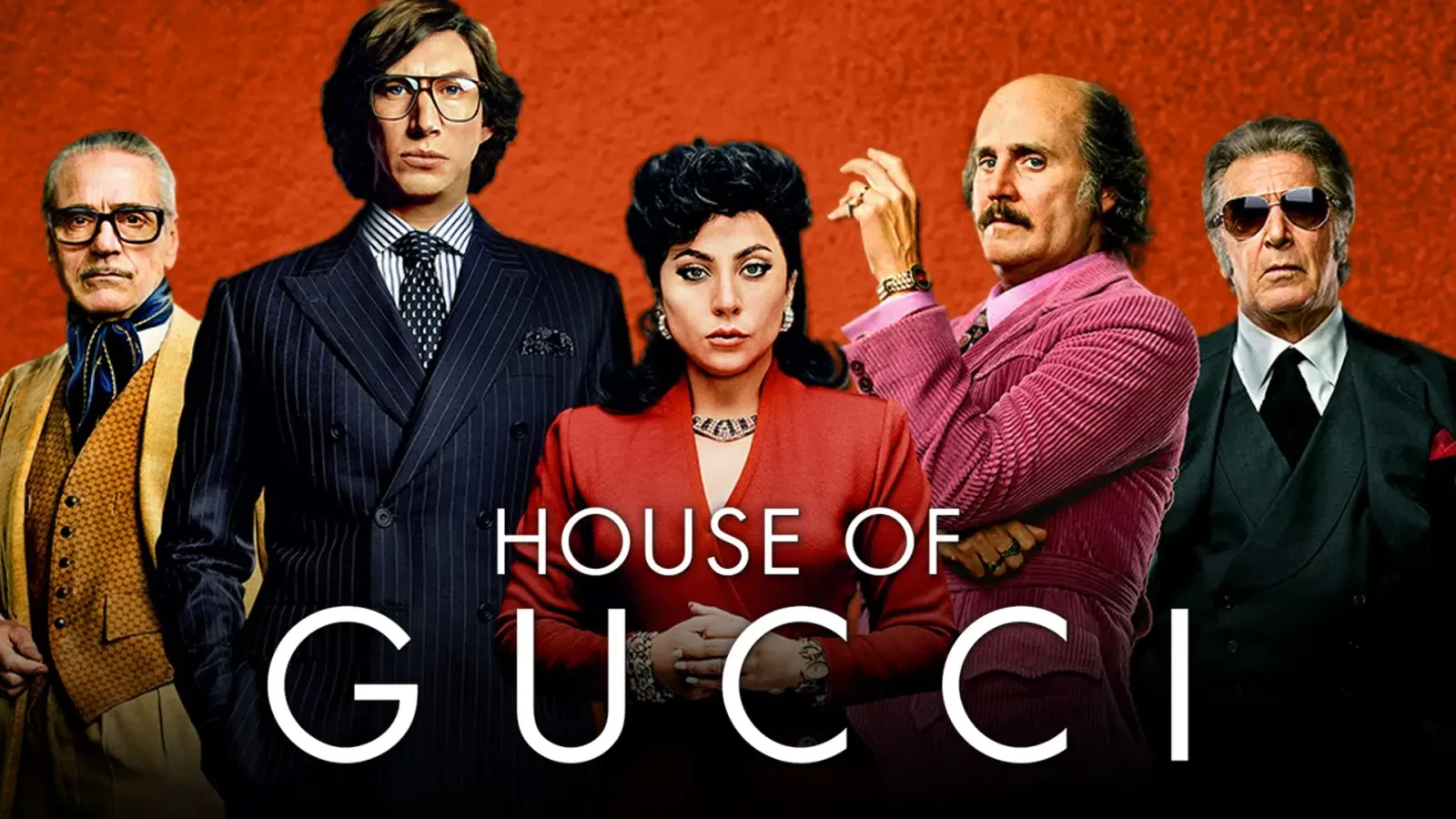 four men and one woman, all dressed well. House of Gucci written on top