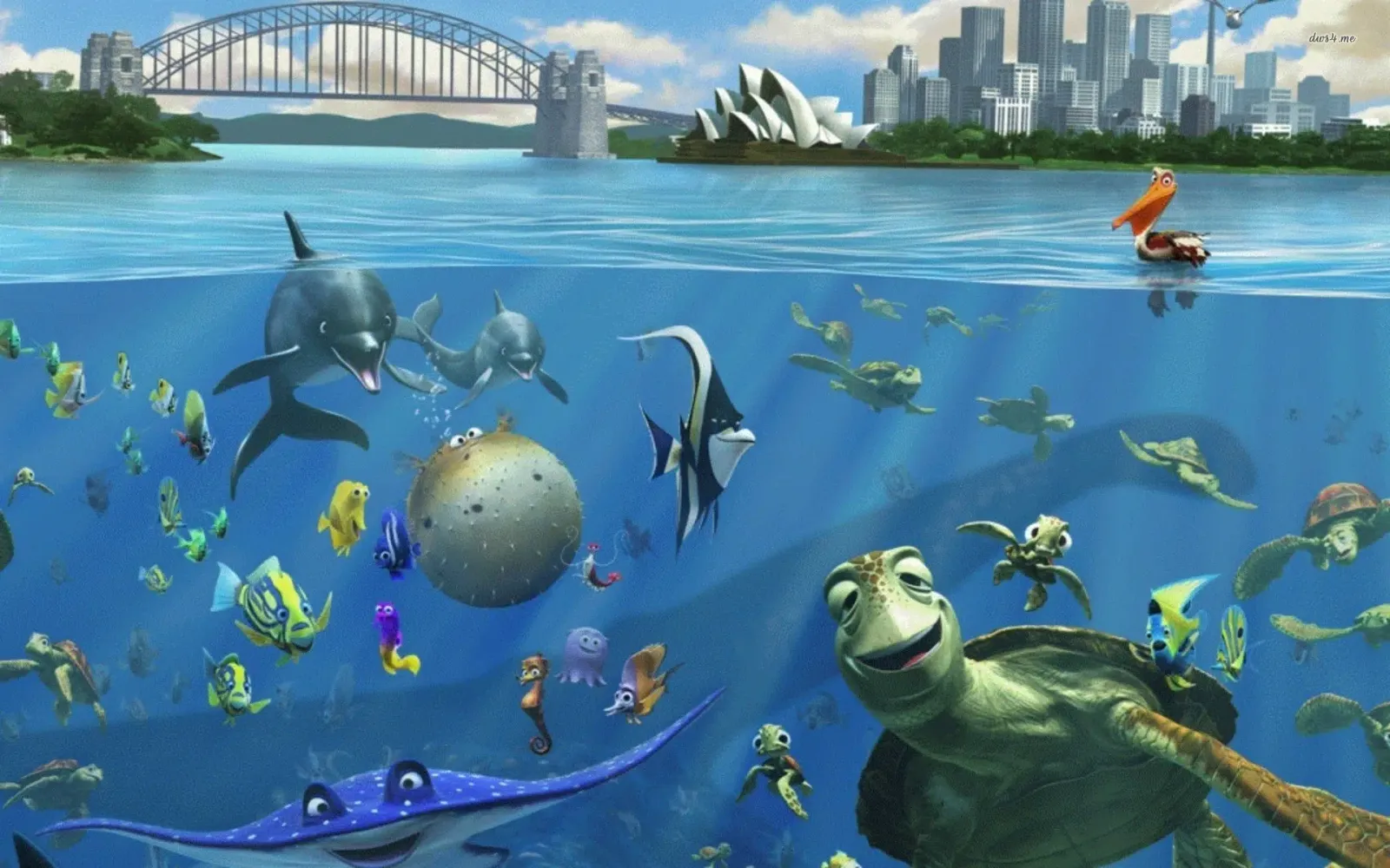 Finding Nemo HD Wallpaper: Mr. Ray, Nigel & Crush Explore Sydney Waters